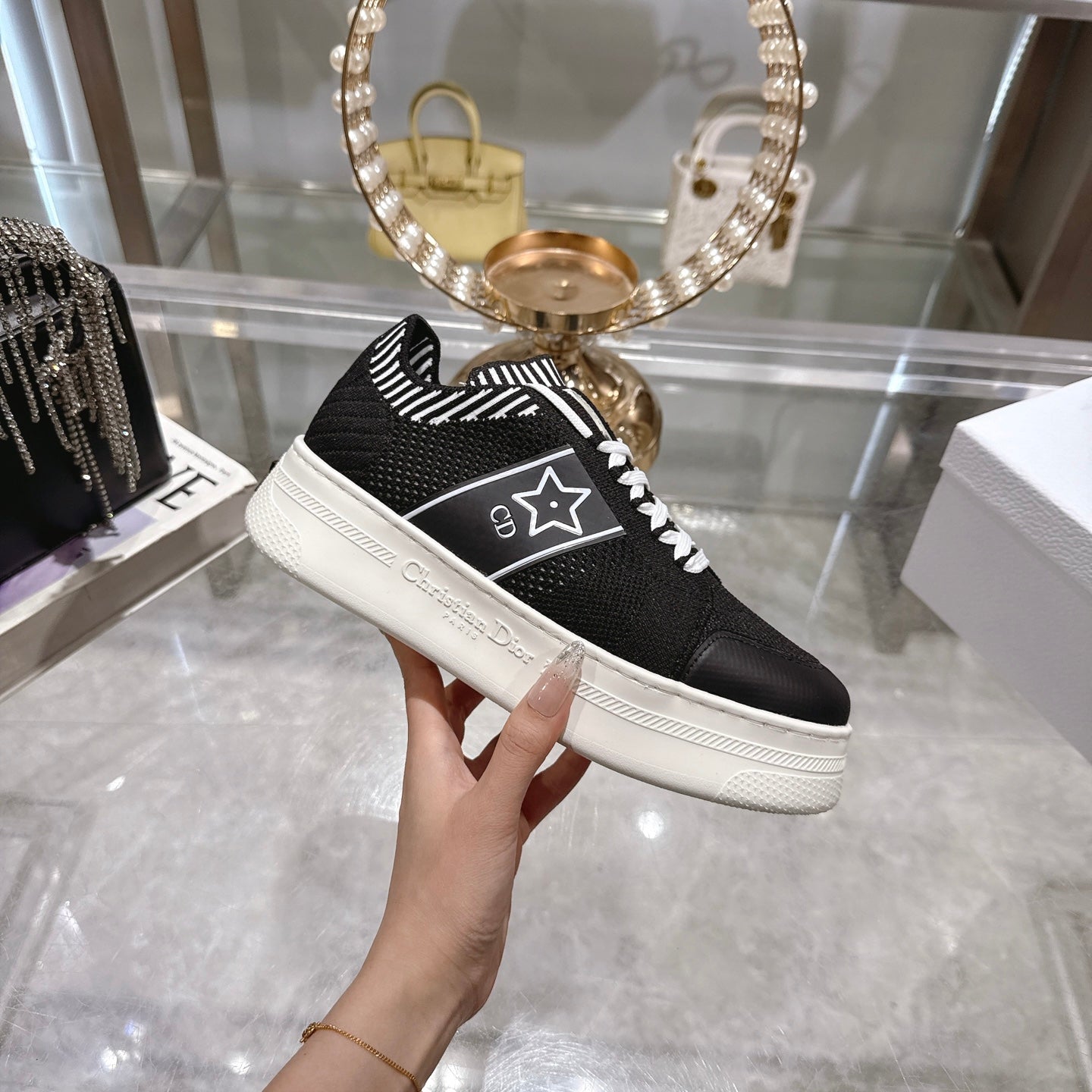 DIOR CD STAR SNEAKER 4CM IN BLACK AND WHITE MESH FABRIC
