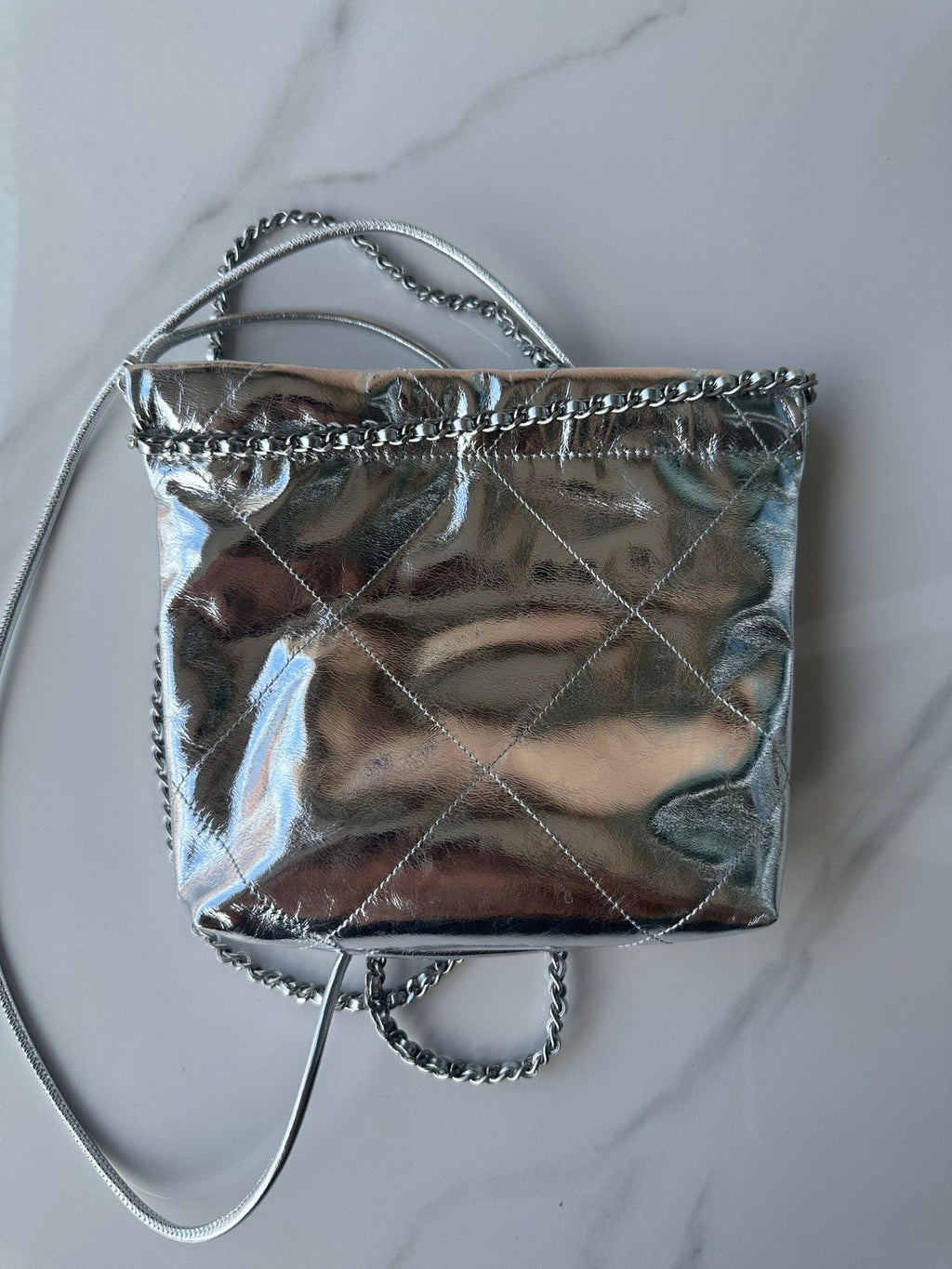 CHANEL MINI 20 BAG IN SILVER METALLIC LAMBSKIN