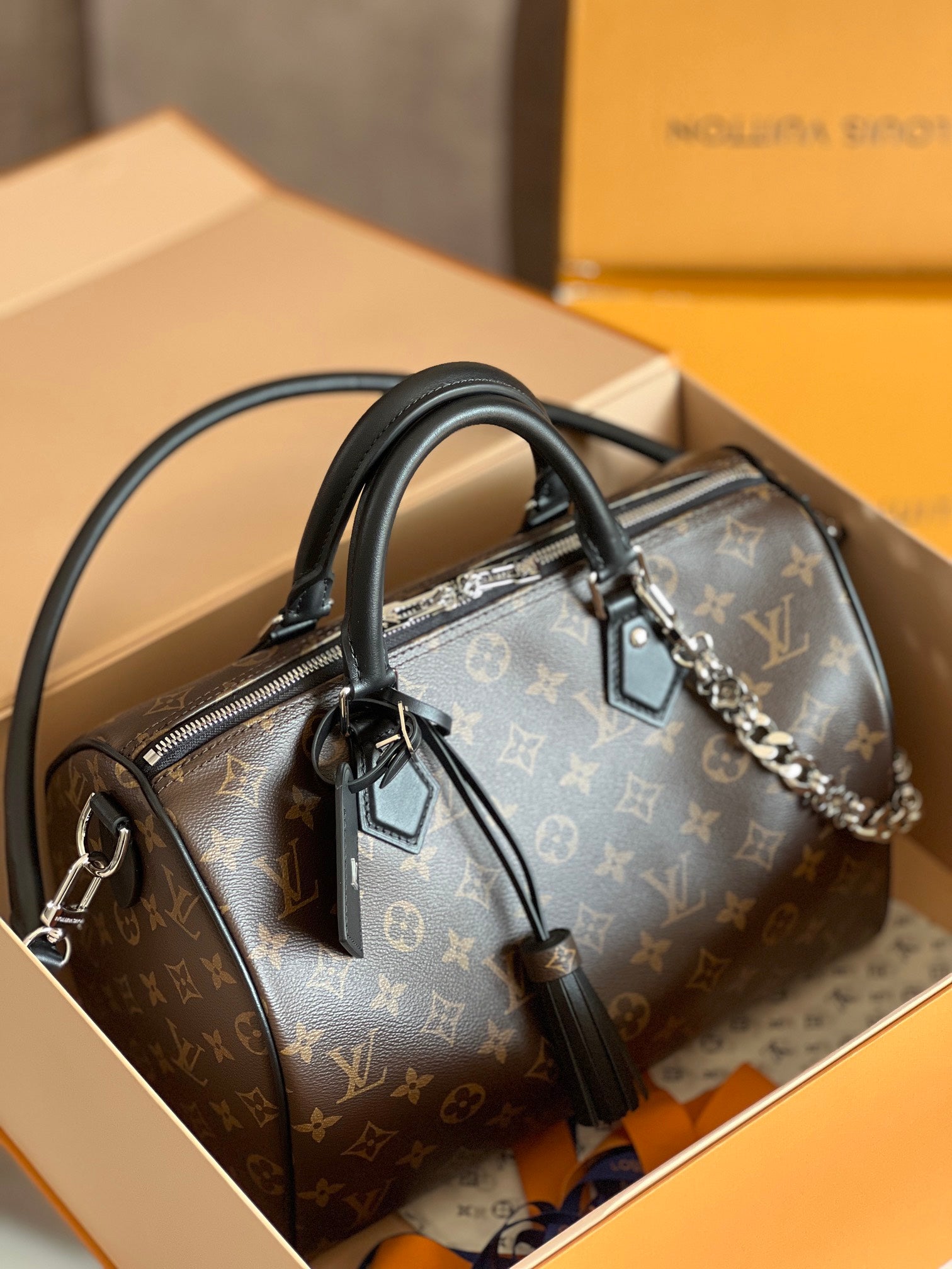 LOUIS VUITTON LV 25S SPEEDY SOFT 30 IN BROWN MONOGRAM CANVAS AND CALFSKIN SILVER HARDWARE
