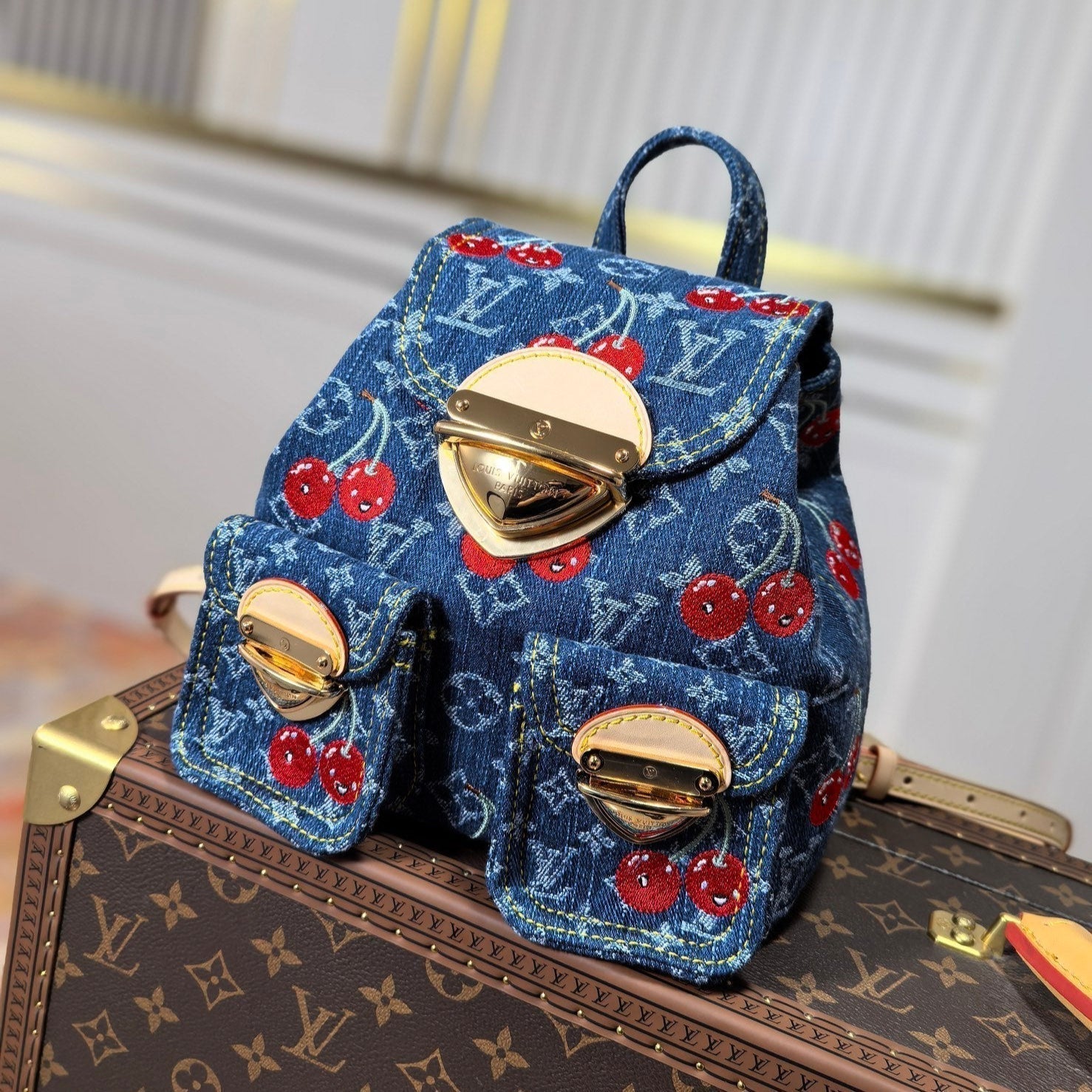 LOUIS VUITTON LV 25S VENICE BACKPACK 26 IN BLUE DENIM MONOGRAM CHERRY GOLD HARDWARE