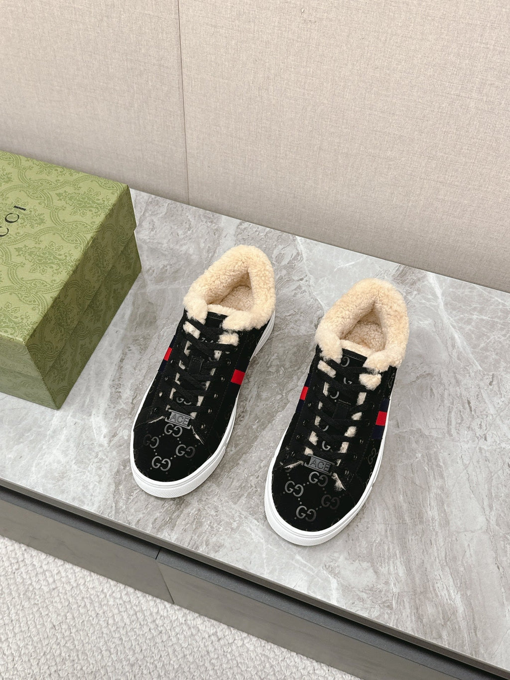 GUCCI ACE SNEAKER WITH WEB IN BLACK EMBOSSED SUEDE AND WOOL LINING