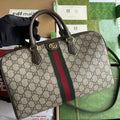 GUCCI OPHIDIA LARGE BOSTON BAG 31 IN BEIGE EBONY  BROWN CALFSKIN TRIM