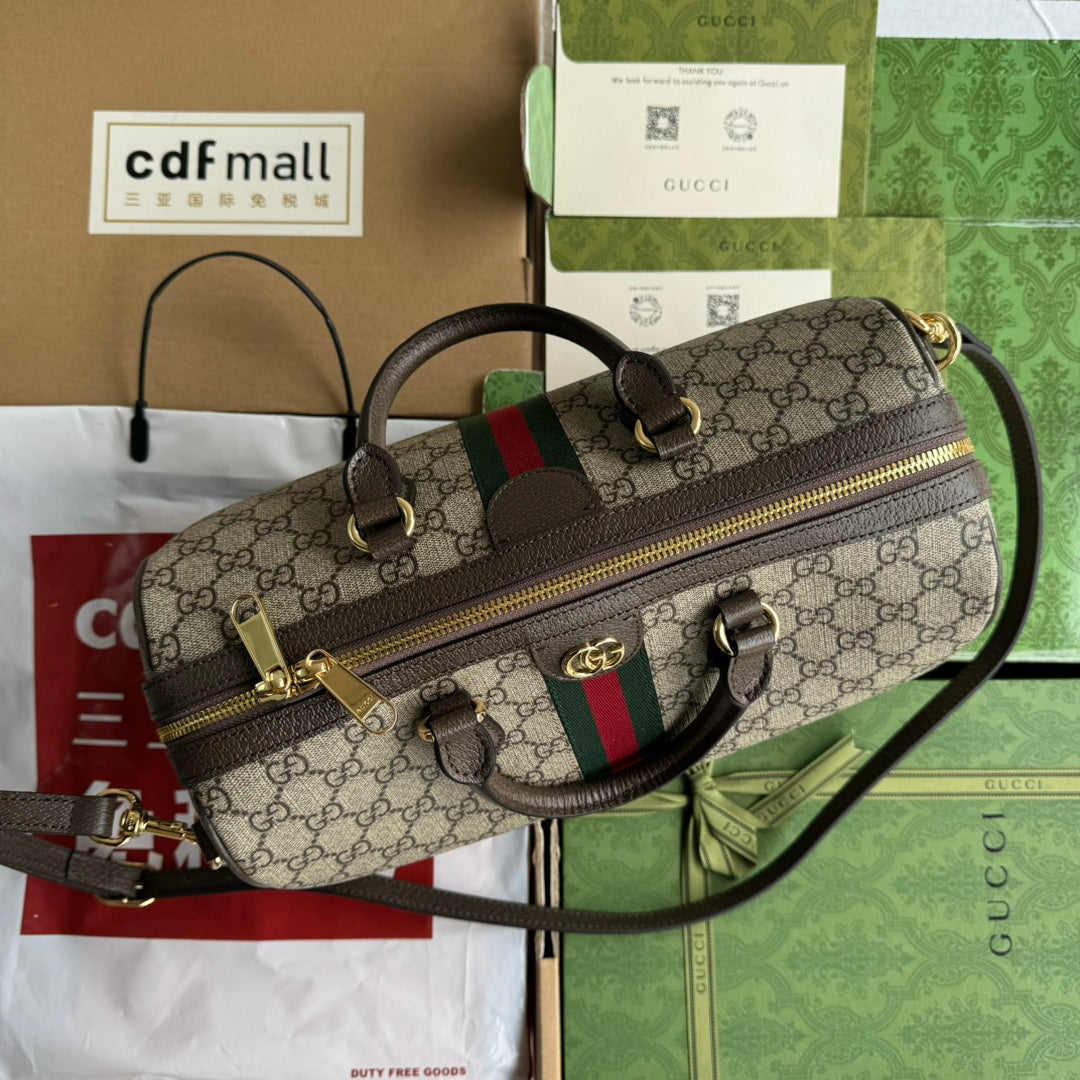 GUCCI OPHIDIA LARGE BOSTON BAG 31 IN BEIGE EBONY  BROWN CALFSKIN TRIM