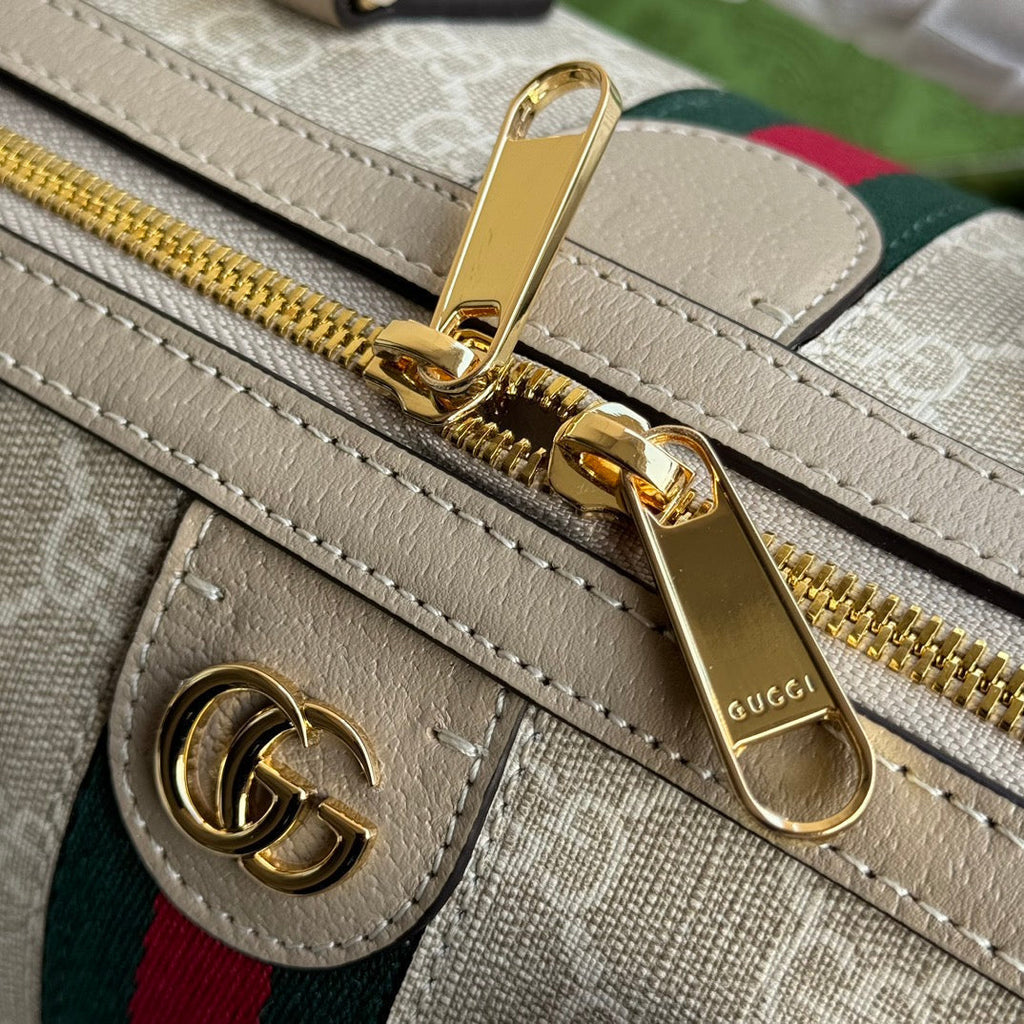 GUCCI OPHIDIA MEDIUM TOP HANDLE BAG 31 IN BEIGE WHITE CANVAS AND OAT CALFSKIN TRIM GOLD HARDWARE