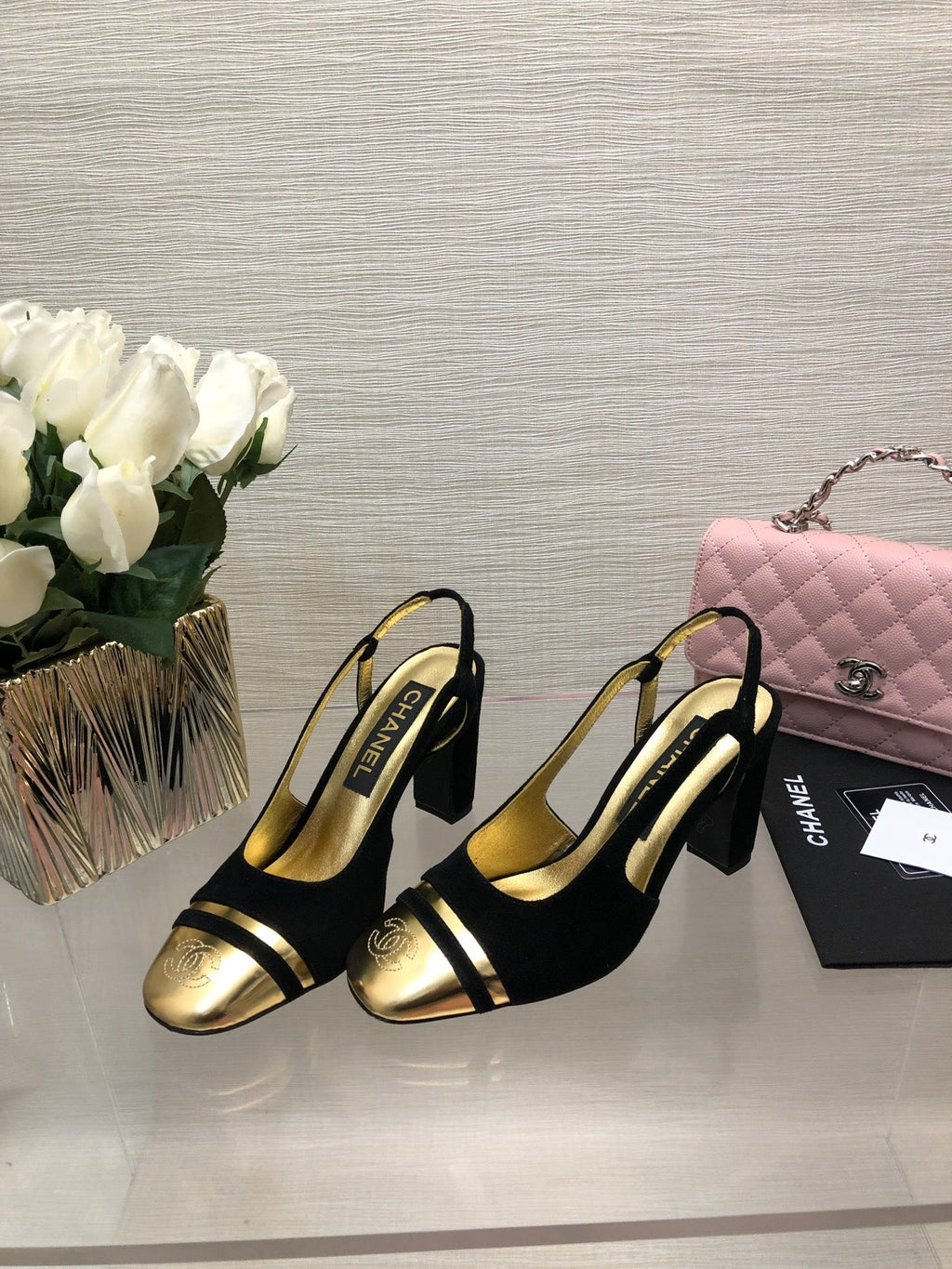CHANEL HIGH SLINGBACKS IN BLACK SUEDE AND GOLDEN LAMBSKIN