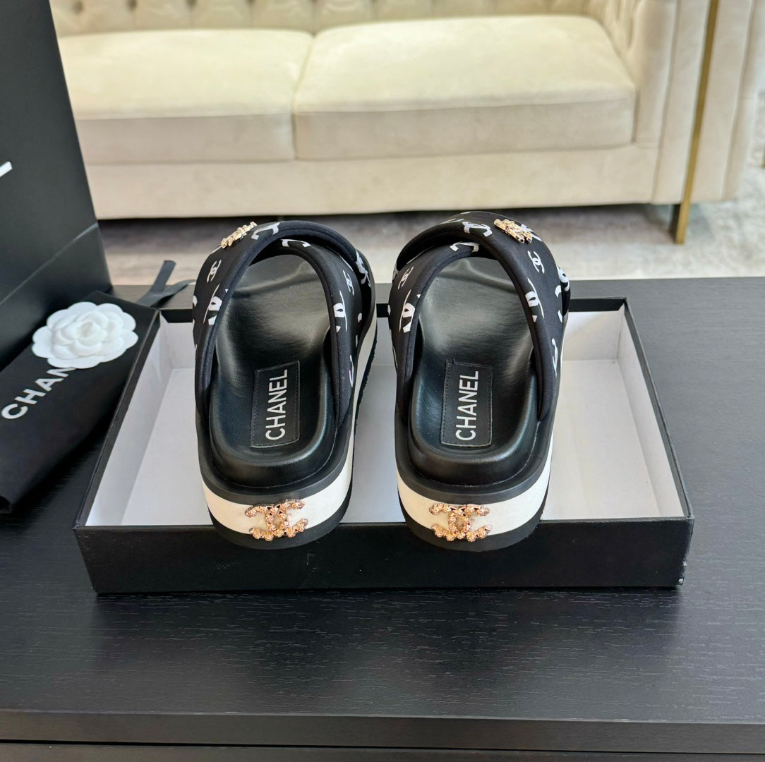 CHANEL Cross Straps Mule Sandals Lambskin Black