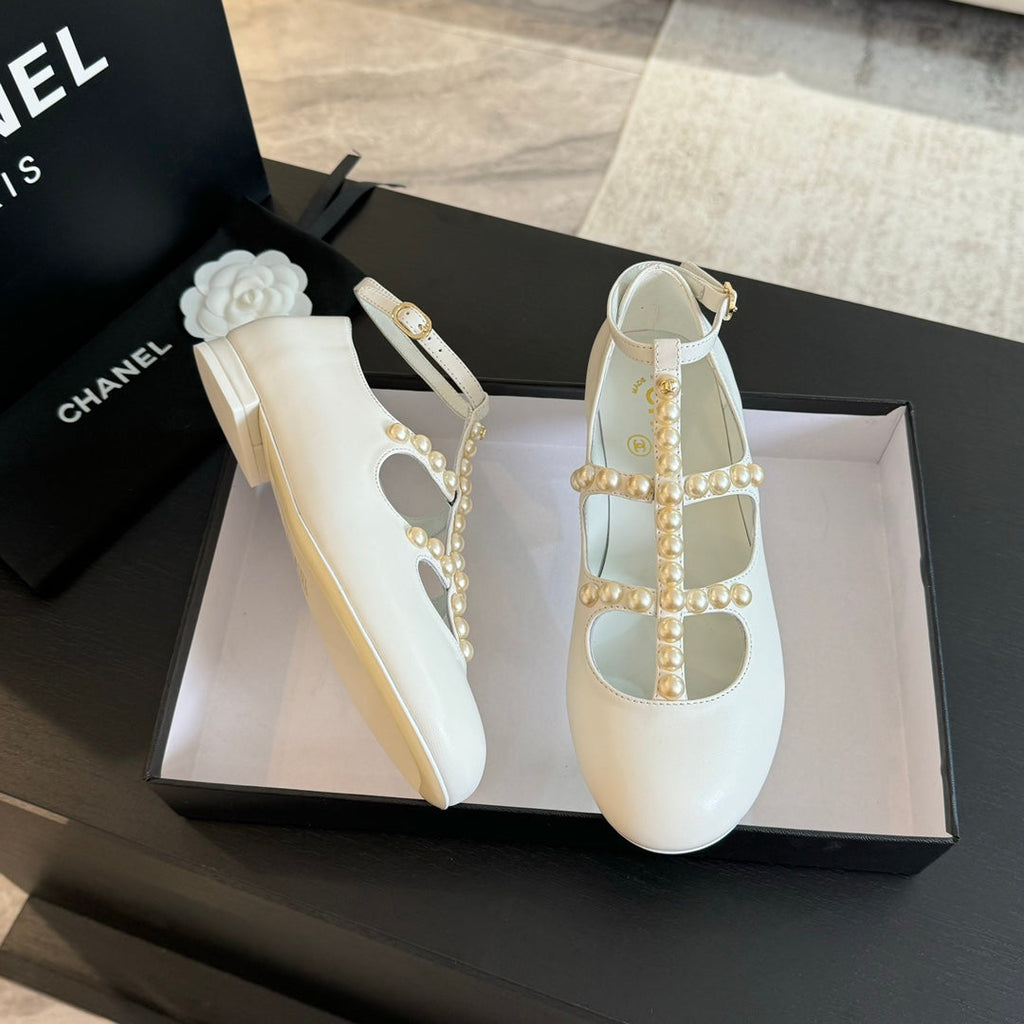 CHANEL MARY JANES SHOES WHITE GOATSKIN WITH FAUX PEARL