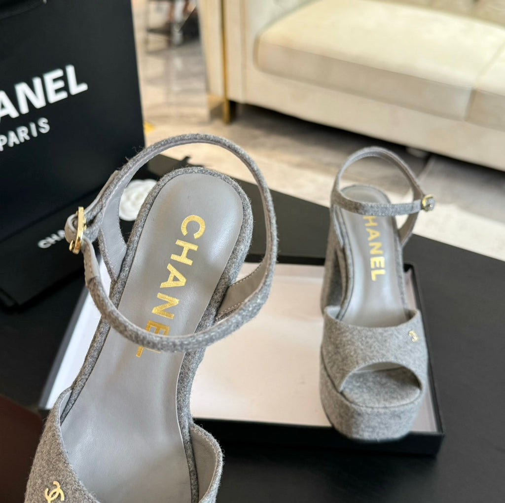 CHANEL HIGH HEEL PLATFORM SANDALS IN DOVE GRAY SUEDE
