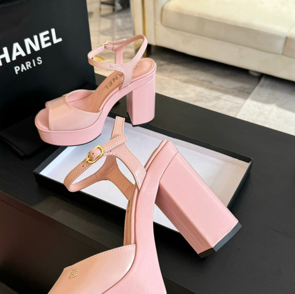 CHANEL HIGH HEEL PLATFORM SANDALS IN PEACH PINK CALFSKIN