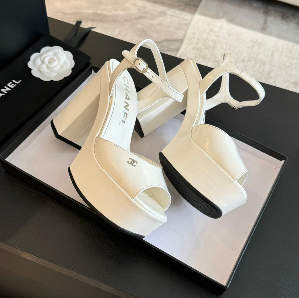 CHANEL HIGH HEEL PLATFORM SANDALS IN WHITE CALFSKIN