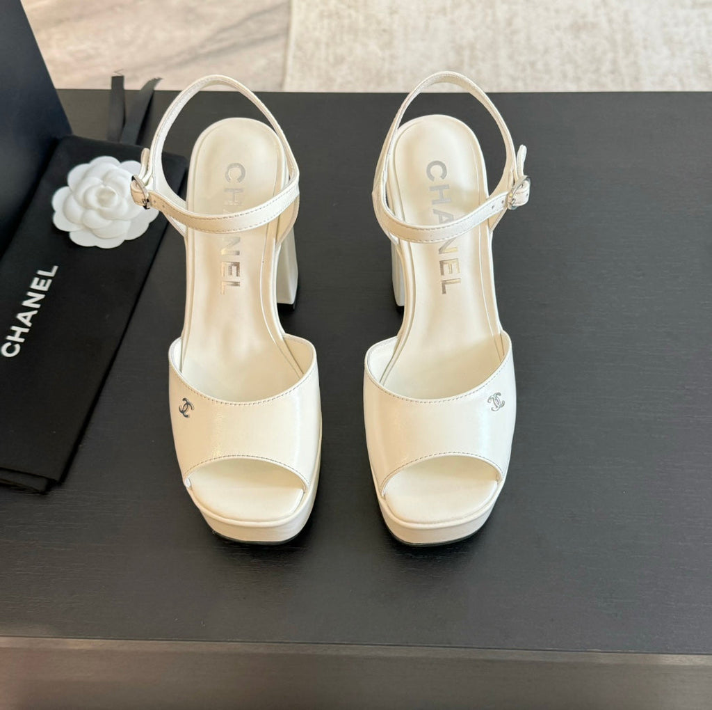 CHANEL HIGH HEEL PLATFORM SANDALS IN WHITE CALFSKIN