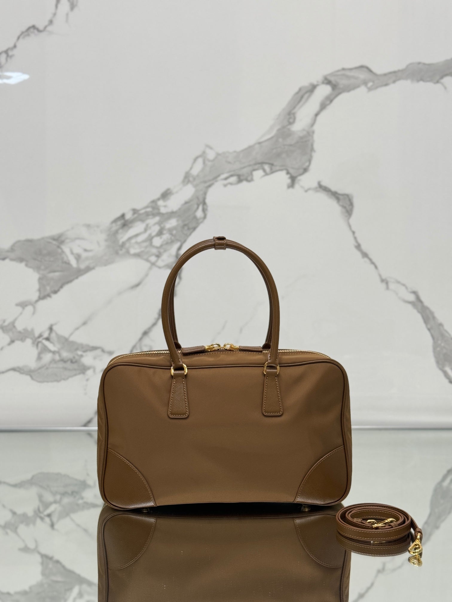 PRADA LARGE TOP HANDLE BAG 35 IN CHERRY WOOD NYLON AND CALFSKIN TRIM