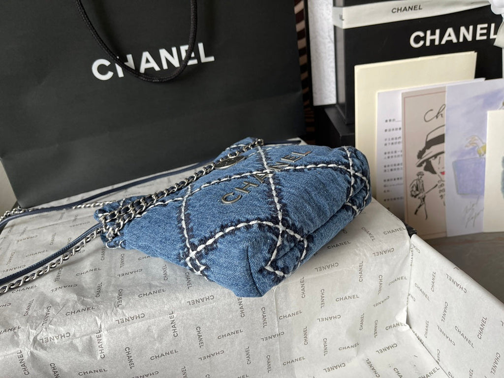 CHANEL MINI 20 CROSSBODY BAG IN BLUE DENIM WITH CHAIN