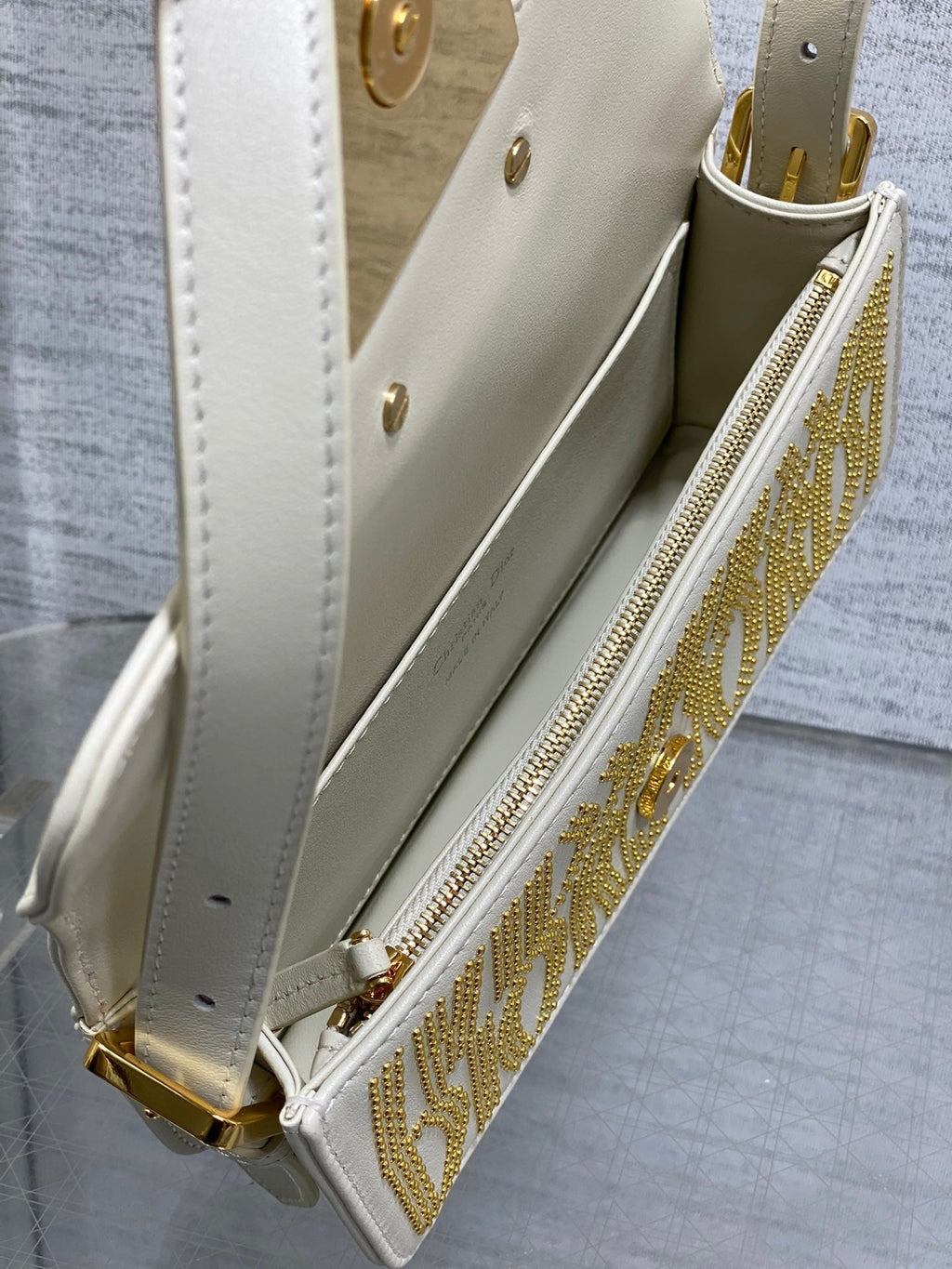 DIOR MINI 18 FLAP BAG IN WHITE LAMBSKIN WITH GOLD RHINSTONES