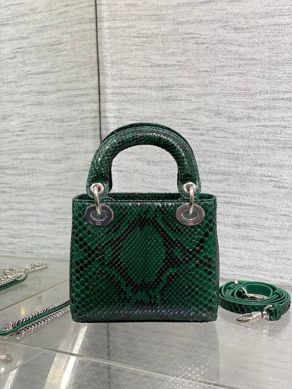 DIOR MINI 17 LADY BAG IN GREEN FOREST MIX BLACK SNAKESKIN PATTERN LAMBSKIN