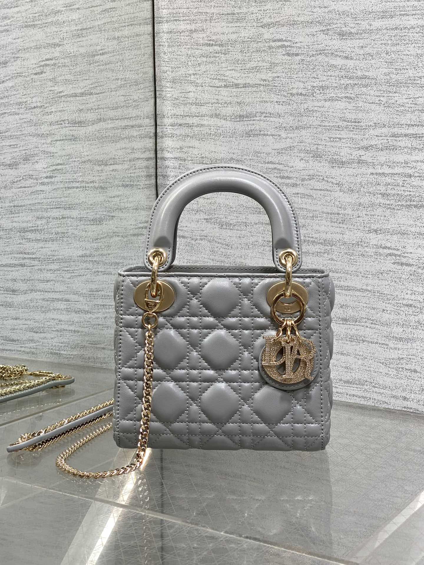 DIOR 25S MINI LADY  BAG 17 IN DARK GRAY CALFSKIN CHARM CRYSTAL EMBELLISHMENTS