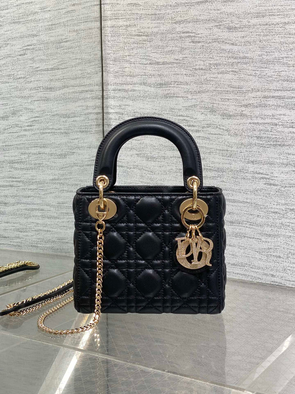 DIOR 25S MINI LADY  BAG 17 IN BLACK CALFSKIN CHARM CRYSTAL EMBELLISHMENTS