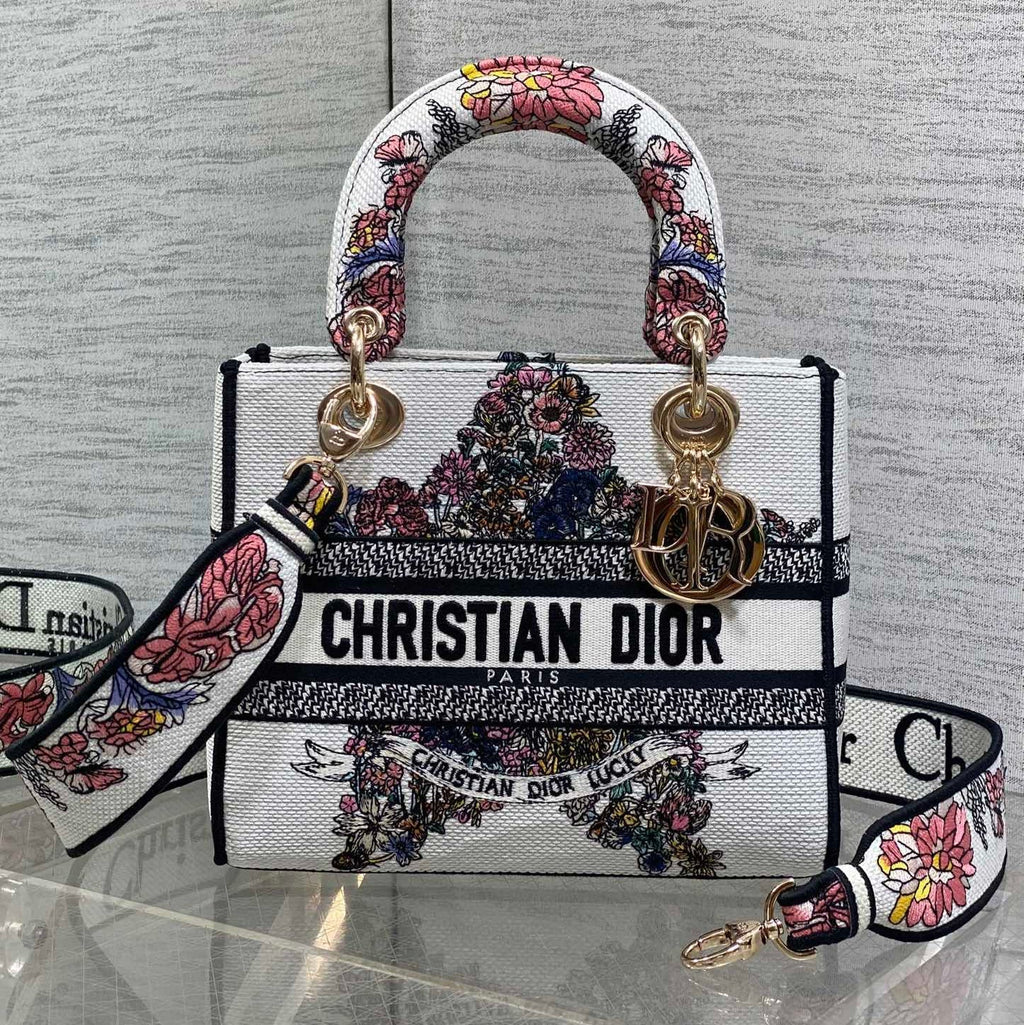 DIOR 25S SMALL LADY D-LITE BAG 24 IN WHITE RED  STAR EMBROIDERY