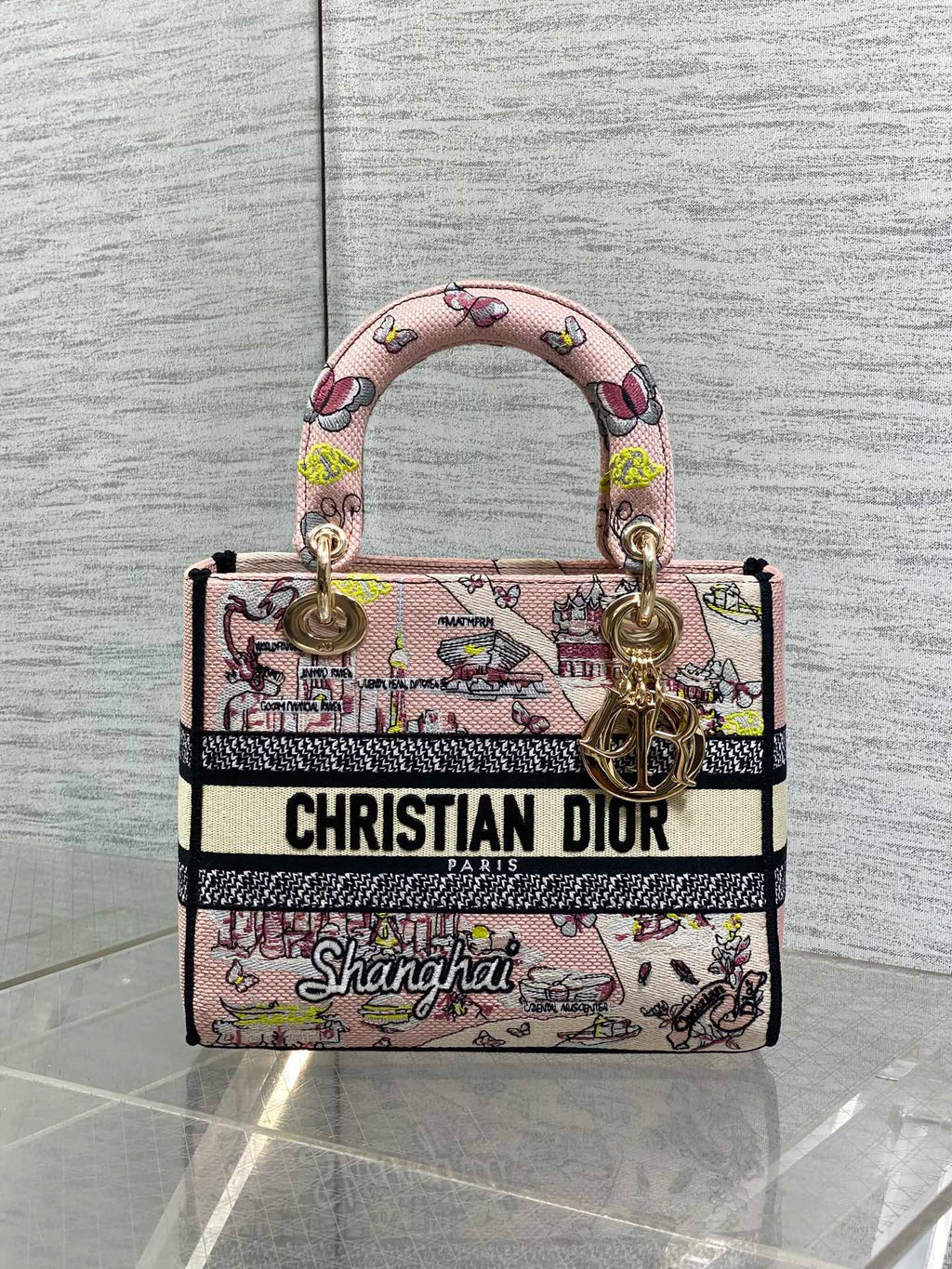 DIOR 25S SMALL LADY D-LITE BAG 24 IN PINK CANVAS  BUTTERFLY
