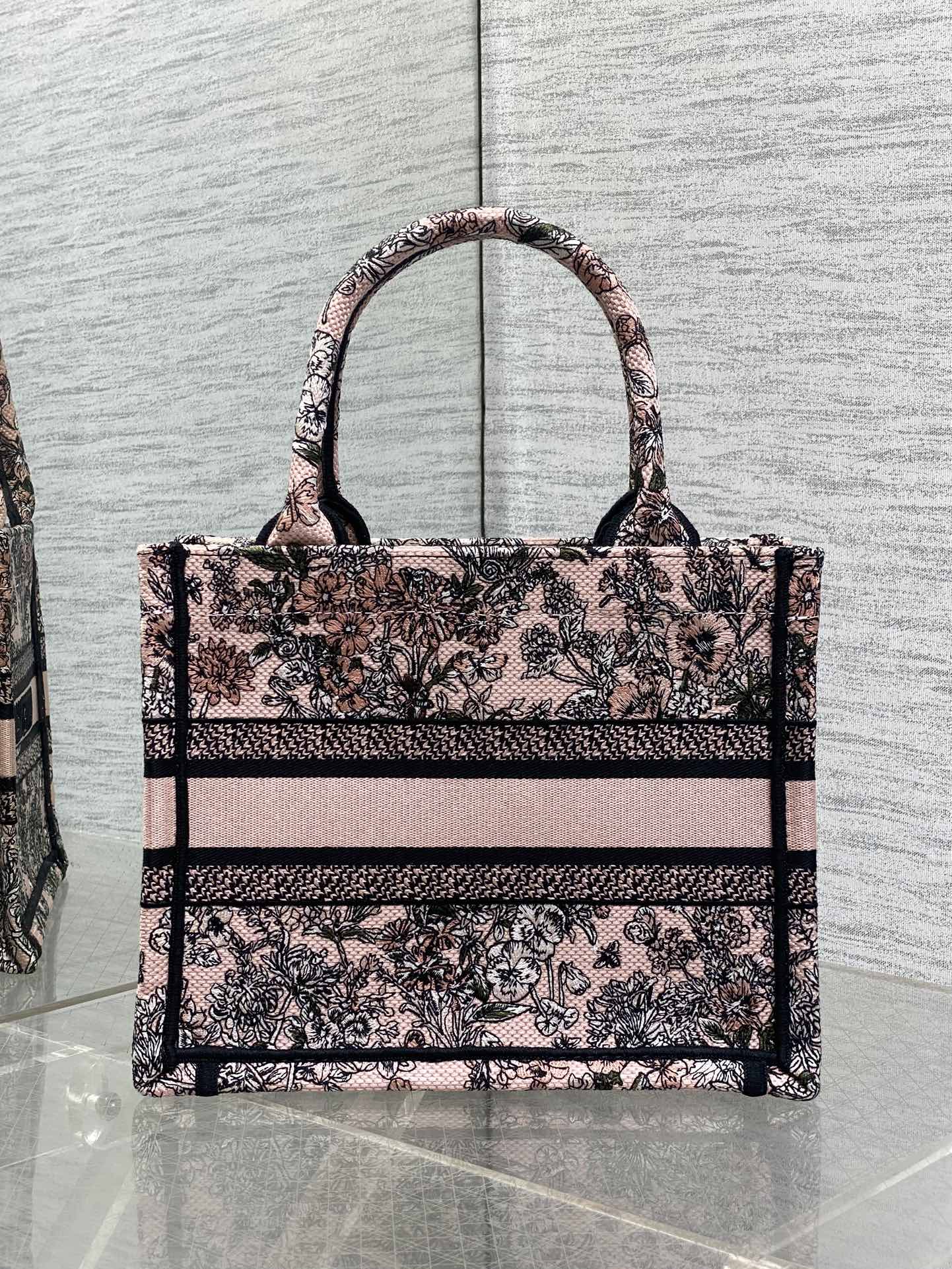 DIOR 25S LUCKY SMALL DIOR BOOK TOTE 26 IN PINK MULTICOLOR DIOR FLOWERS CALENDAR ALLOVER EMBROIDERY