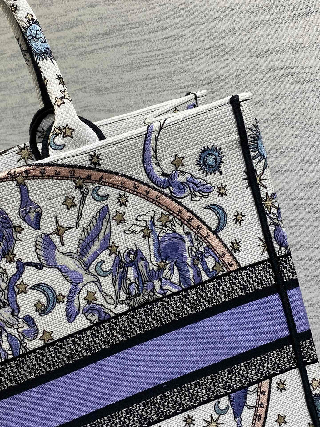 DIOR 25S LARGE BOOK TOTE 42 IN WHITE AND PURPLE DIOR NIGHT OF DREAMS EMBROIDERY