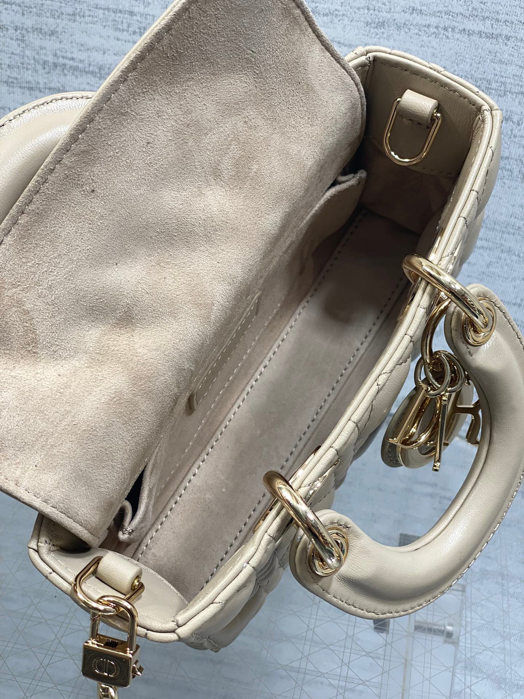 DIOR 25S MICRO LADY D-JOY 19 IN POWDER BEIGE CALFSKIN GOLD HARDWARE