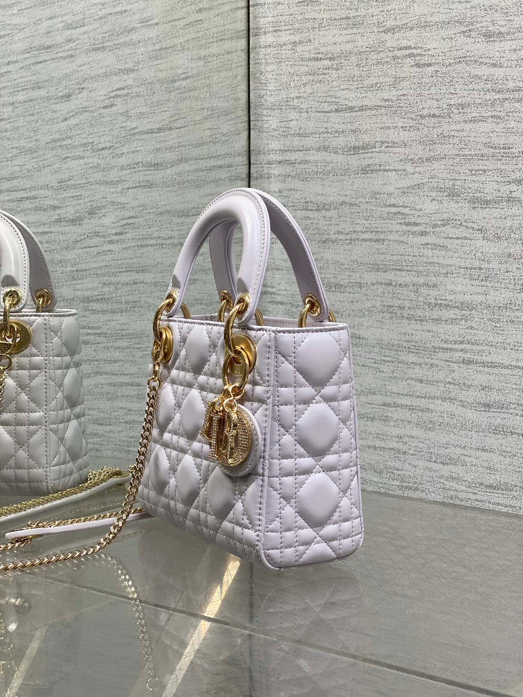 DIOR 25S MINI LADY  BAG 17 IN LILAC CALFSKIN CHARM CRYSTAL EMBELLISHMENTS