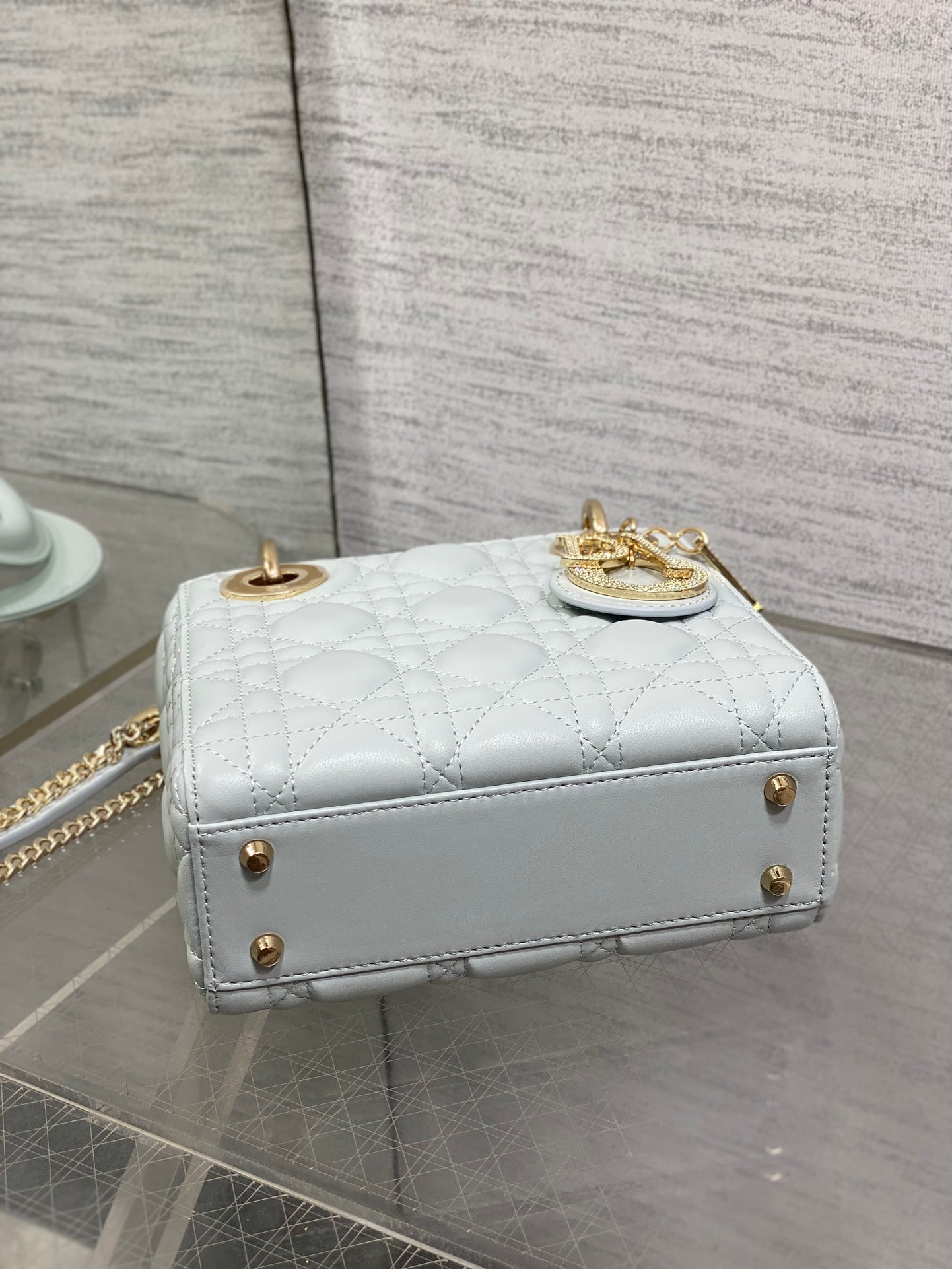 DIOR 25S MINI LADY  BAG 17 IN LIGHT BLUE CALFSKIN CHARM CRYSTAL EMBELLISHMENTS