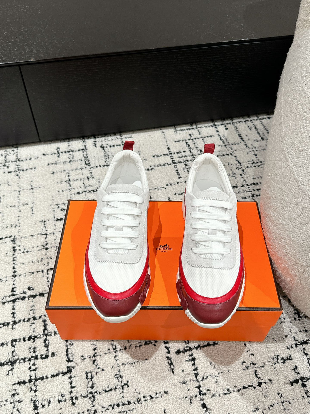HERMES BOUNCING SNEAKER IN WINE RED CALFSKIN AND WHITE FABRIC