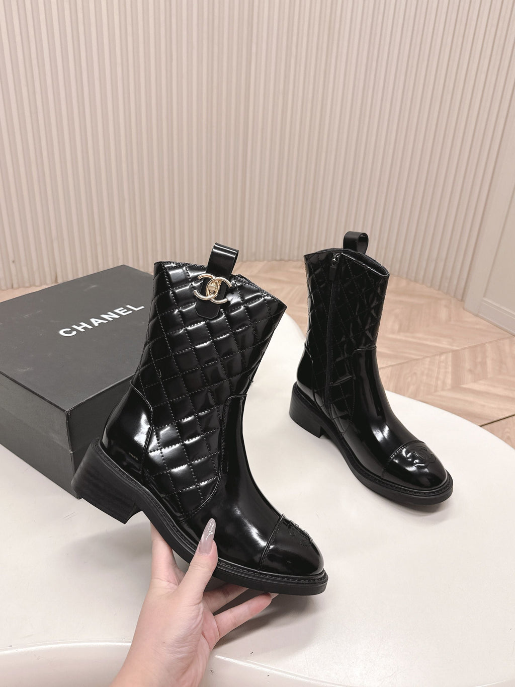 CHANEL ANKLE BOOTS 25S IN BLACK GLOSSY LAMBSKIN WITH GOLD HARDWARE
