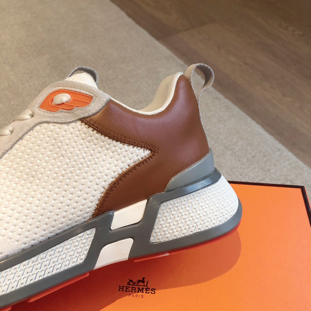 HERMES HEROS SNEAKER IN WHITE BREATHABLE MESH FABRIC AND BROWN CALFSKIN