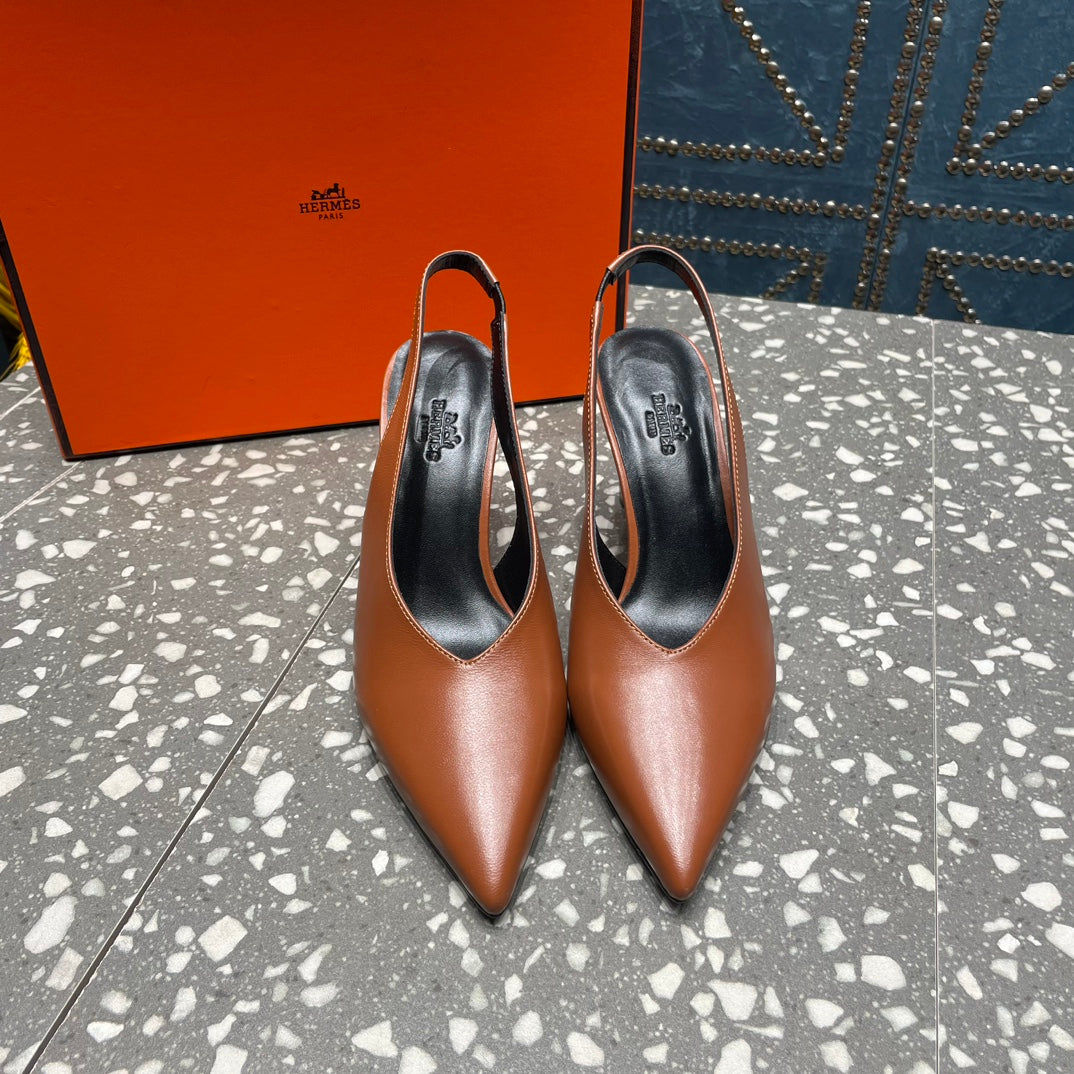 HERMES HIGH SLINGBACKS 7 CM IN UMBER BROWN SHEEPSKIN