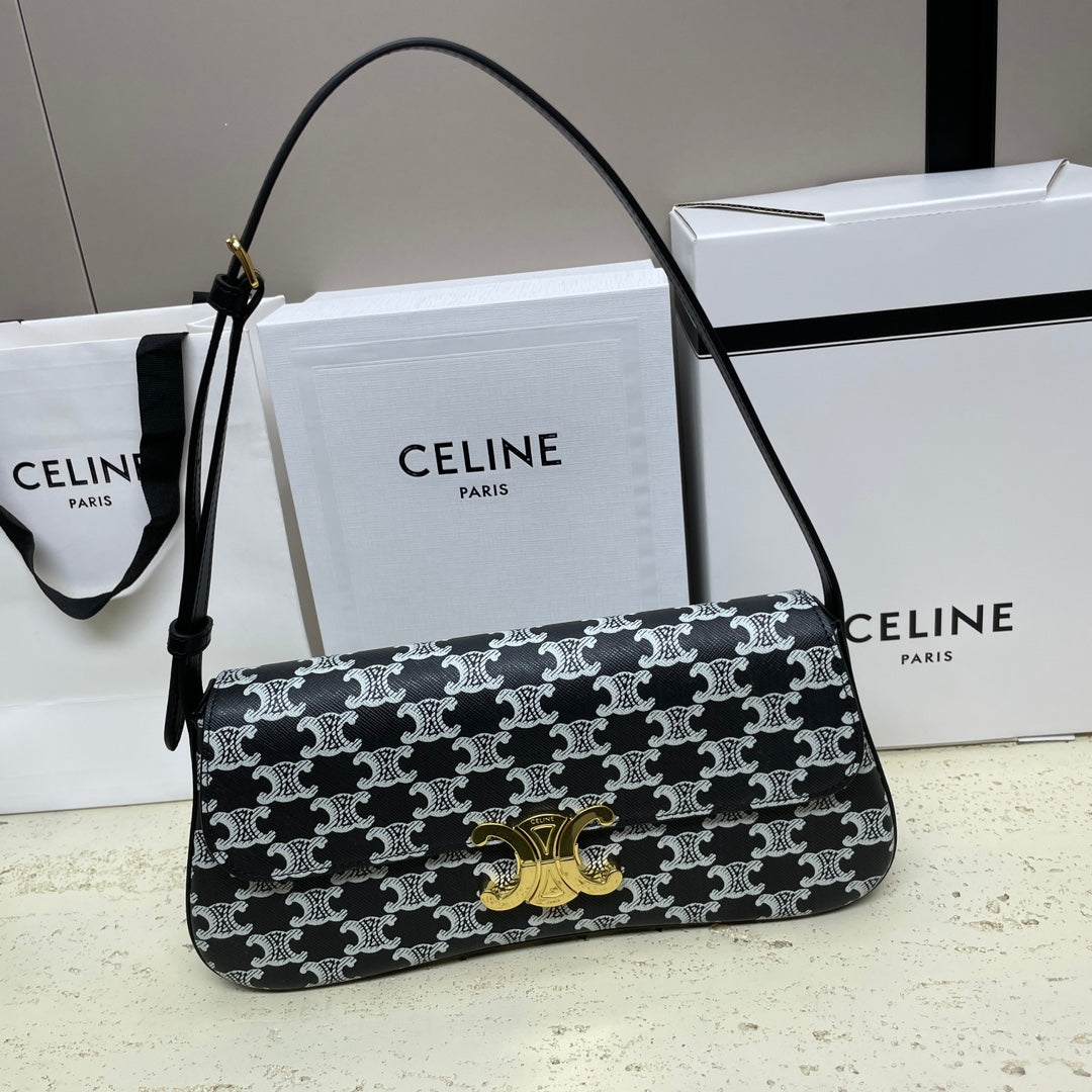 CELINE LOLA BAGUETTE BAG 28 IN BLACK MIX WHITE MONOGRAM CANVAS AND CALFSKIN