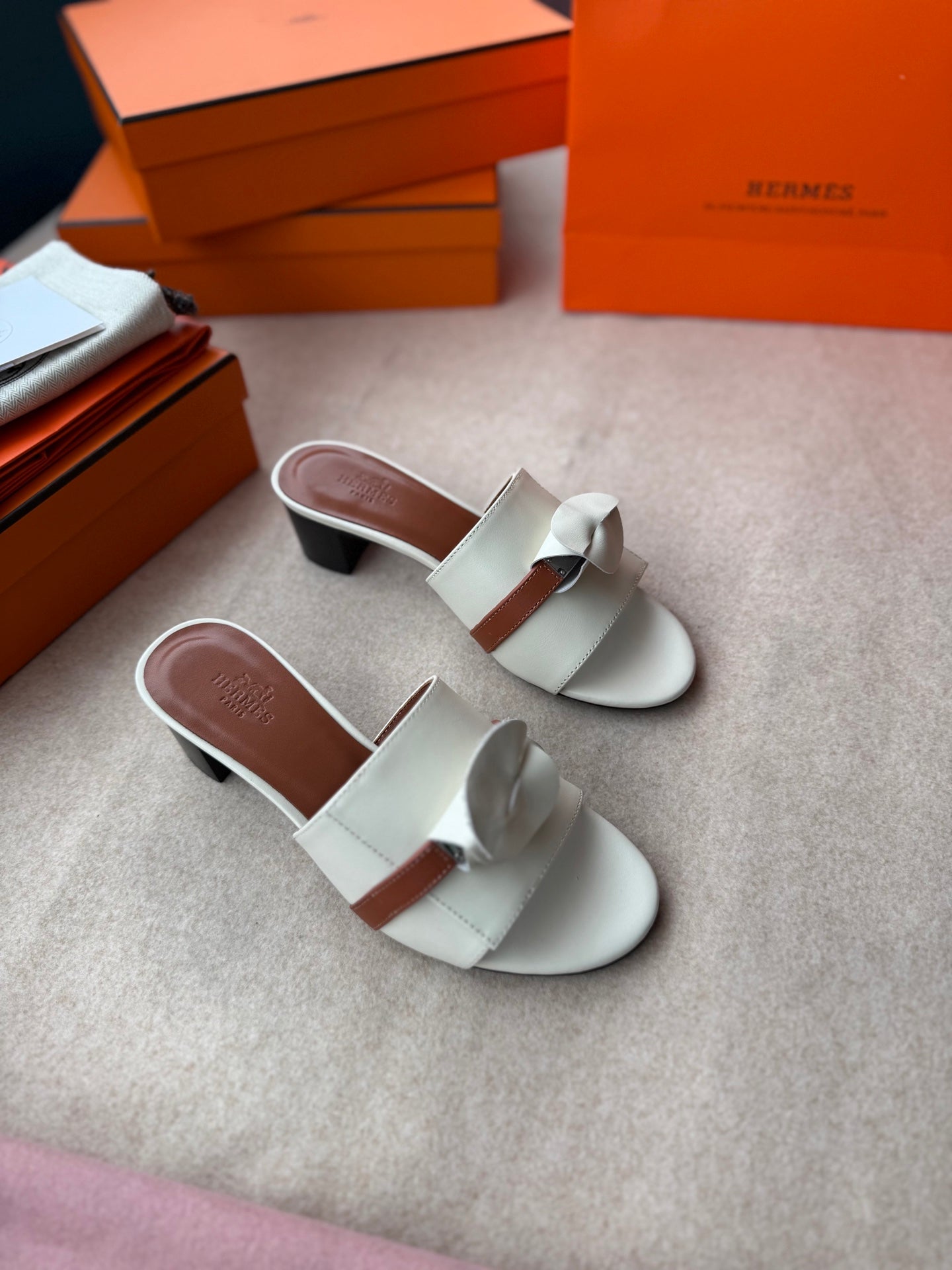 HERMES HIGH MULES IN WHITE CALFSKIN