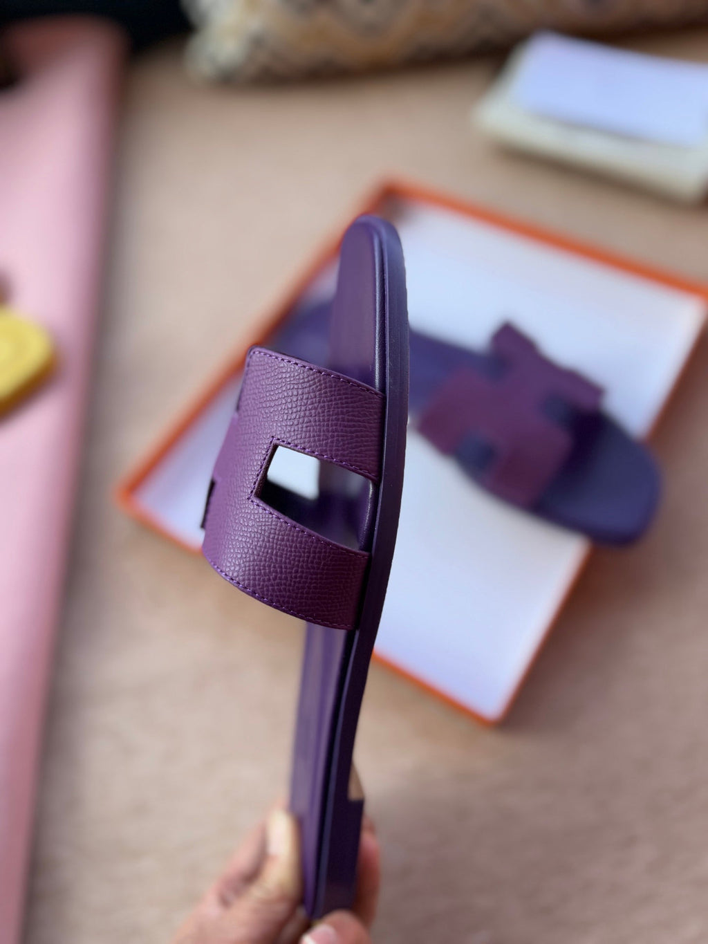 HERMES 0RAN SANDALS IN ROYAL PURPLE CALFSKIN