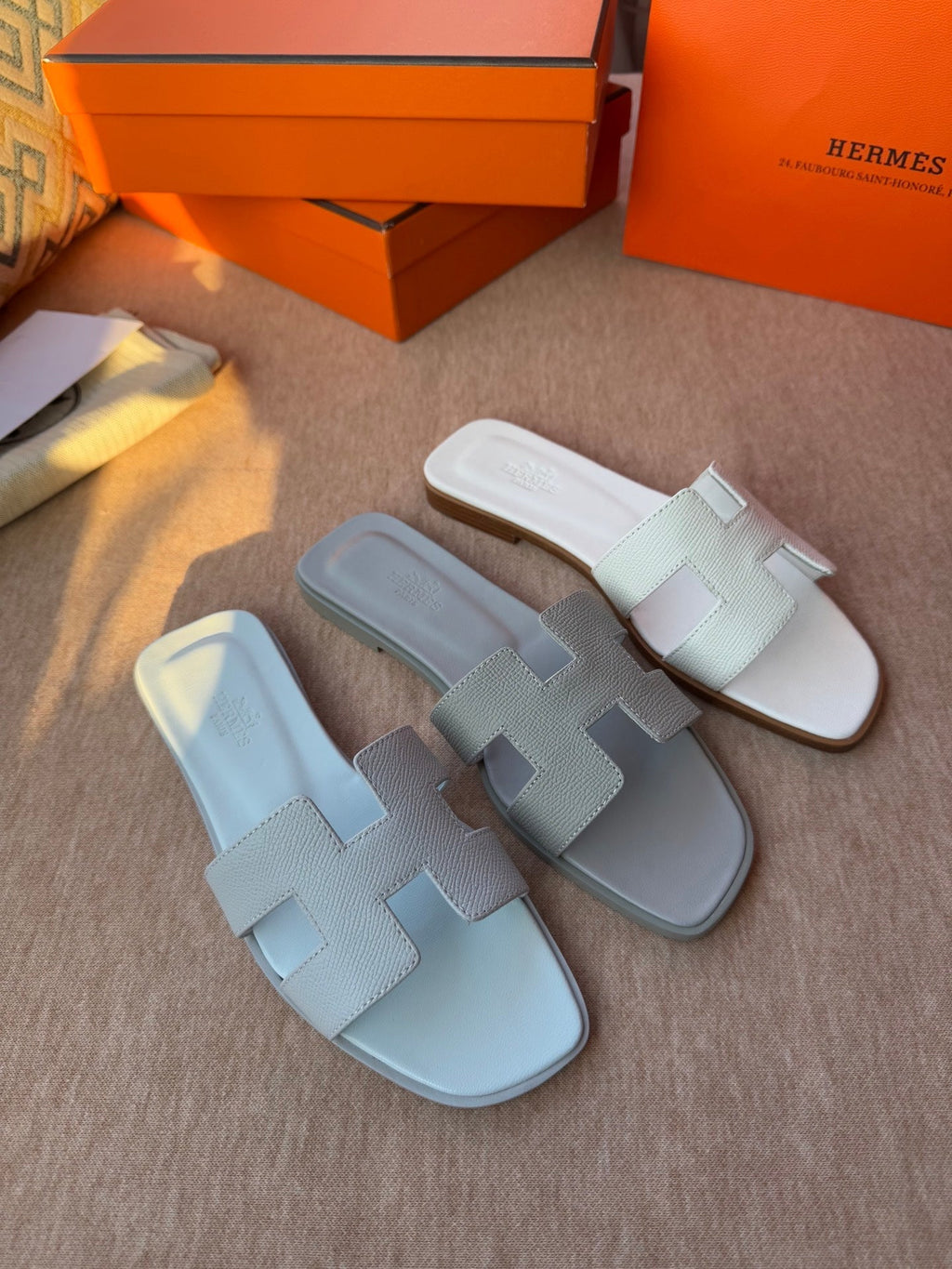HERMES 0RAN SANDALS IN ICE BLUE CALFSKIN