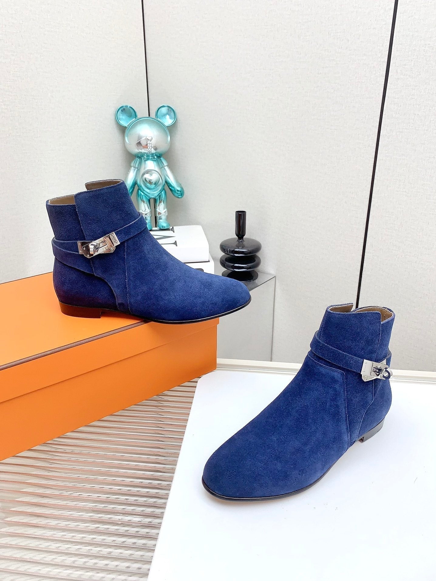 HERMES WOMEN'S NEO ANKLE BOOT IN COBALT BLUE SUEDE