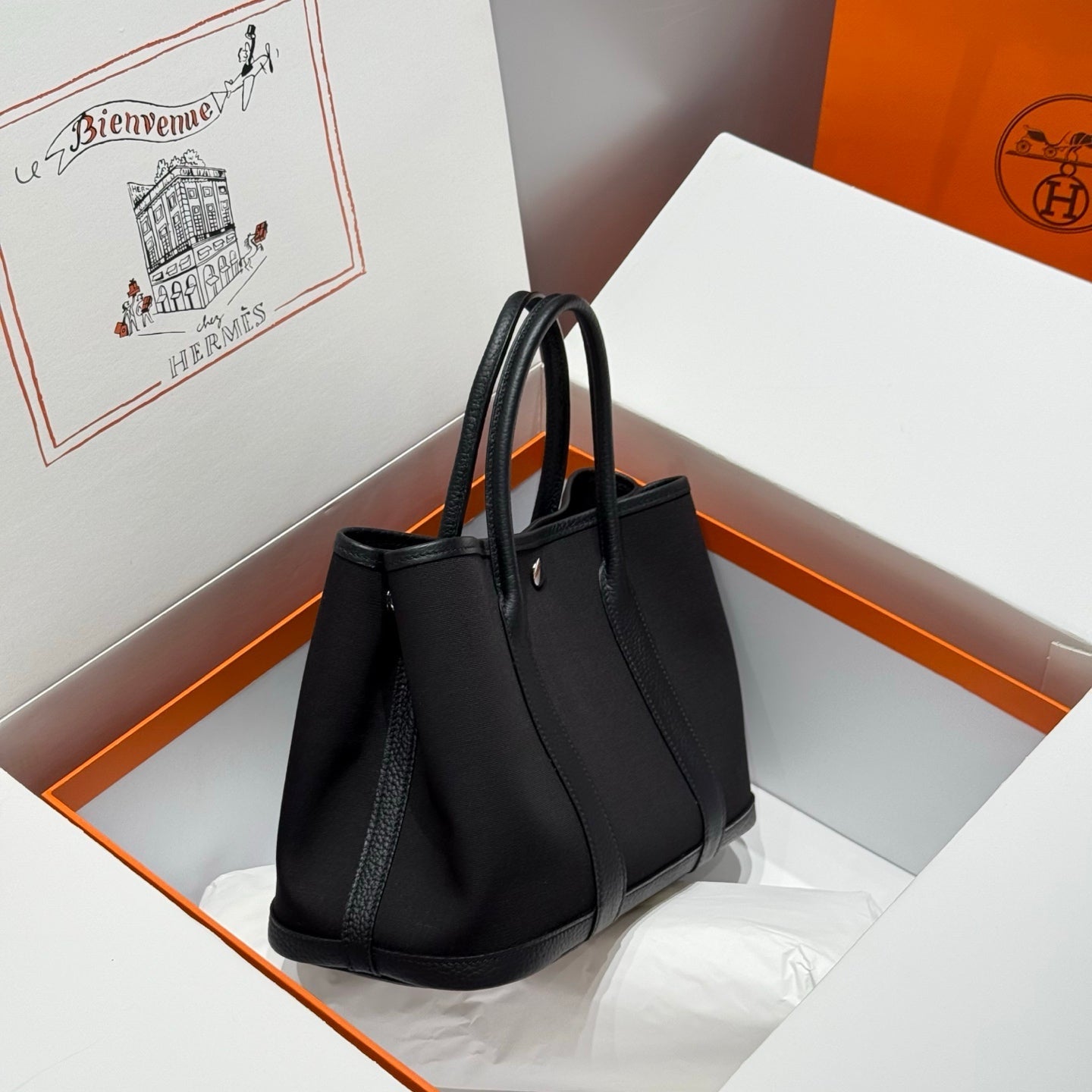 HERMES GARDEN PARTY 30CM IN BLACK TOILETS COTTON CANVAS AND CALFSKIN