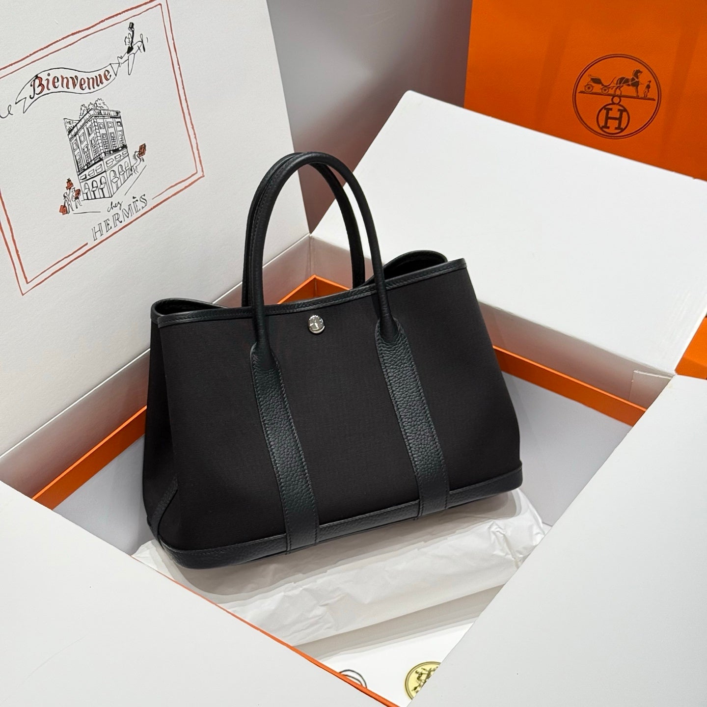 HERMES GARDEN PARTY 30CM IN BLACK TOILETS COTTON CANVAS AND CALFSKIN