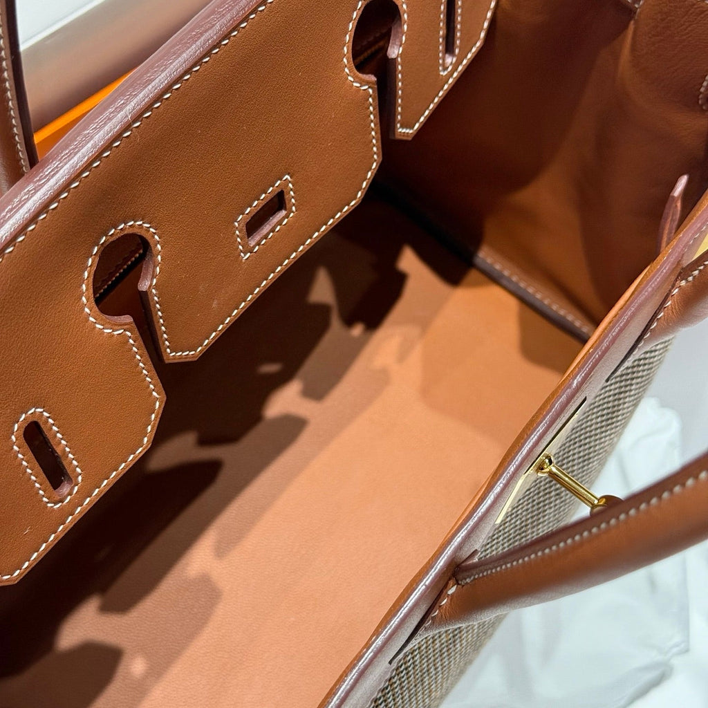 HERMES QUADRILLE BIRKIN 30CM IN GOLD SWIFT CALFSKIN AND BLACK/WHITE/BROWN TOILE CANVAS