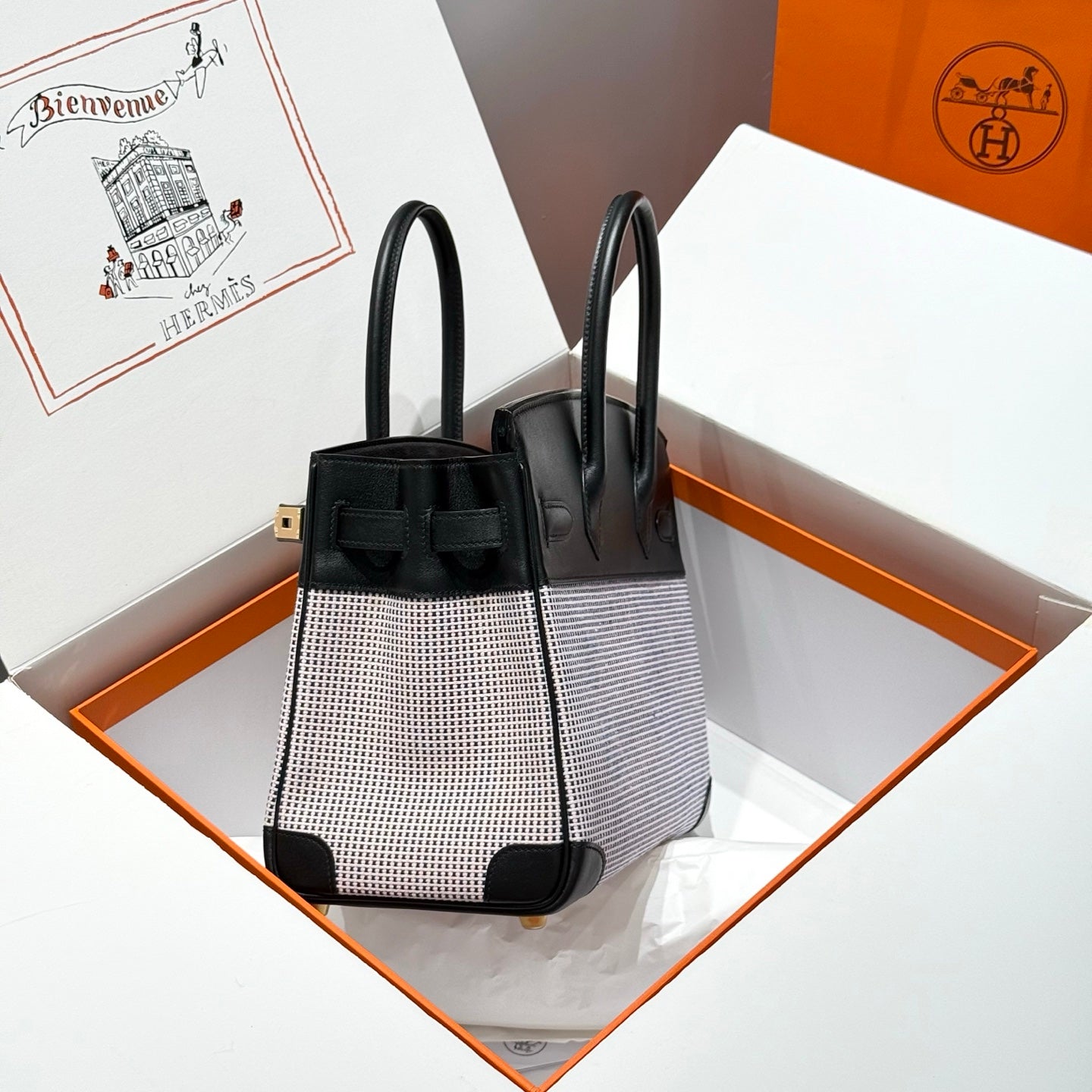 HERMES QUADRILLE BIRKIN 30CM IN BLACK SWIFT CALFSKIN WHITE BLUE PINK PLAID TOILE CANVAS