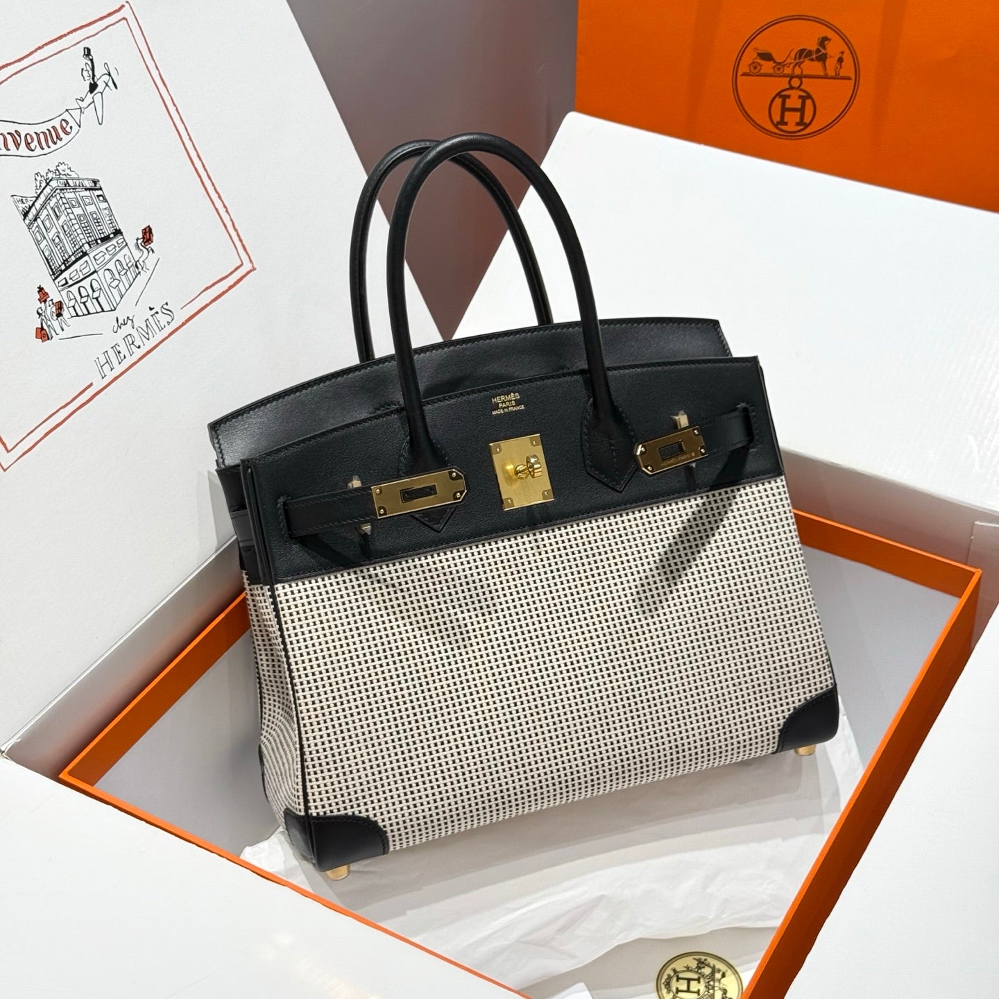 HERMES QUADRILLE BIRKIN 30CM IN BLACK SWIFT CALFSKIN WHITE BLACK PLAID TOILE CANVAS