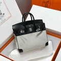 HERMES QUADRILLE BIRKIN 25CM IN BLACK SWIFT CALFSKIN WHITE TOILE CANVAS