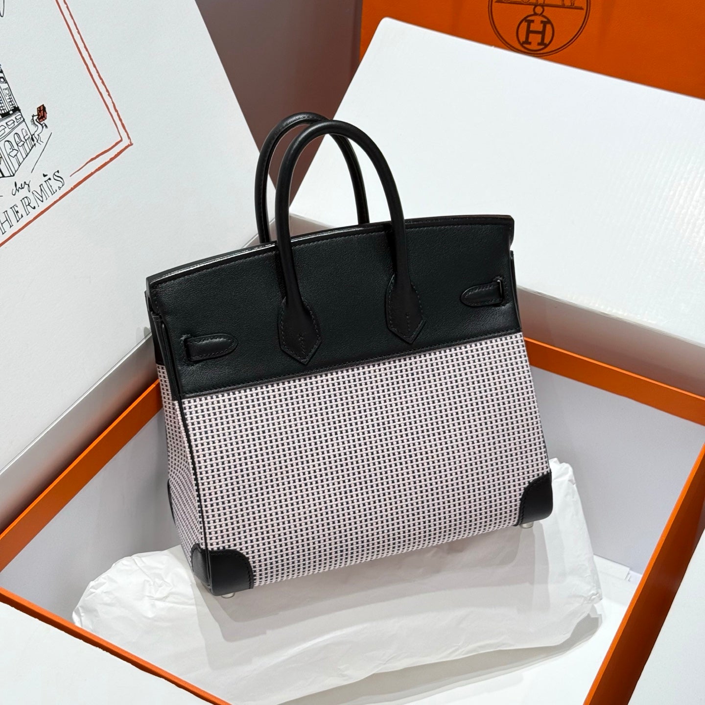 HERMES QUADRILLE BIRKIN 25CM IN BLACK SWIFT CALFSKIN WHITE BLUE PINK PLAID TOILE CANVAS