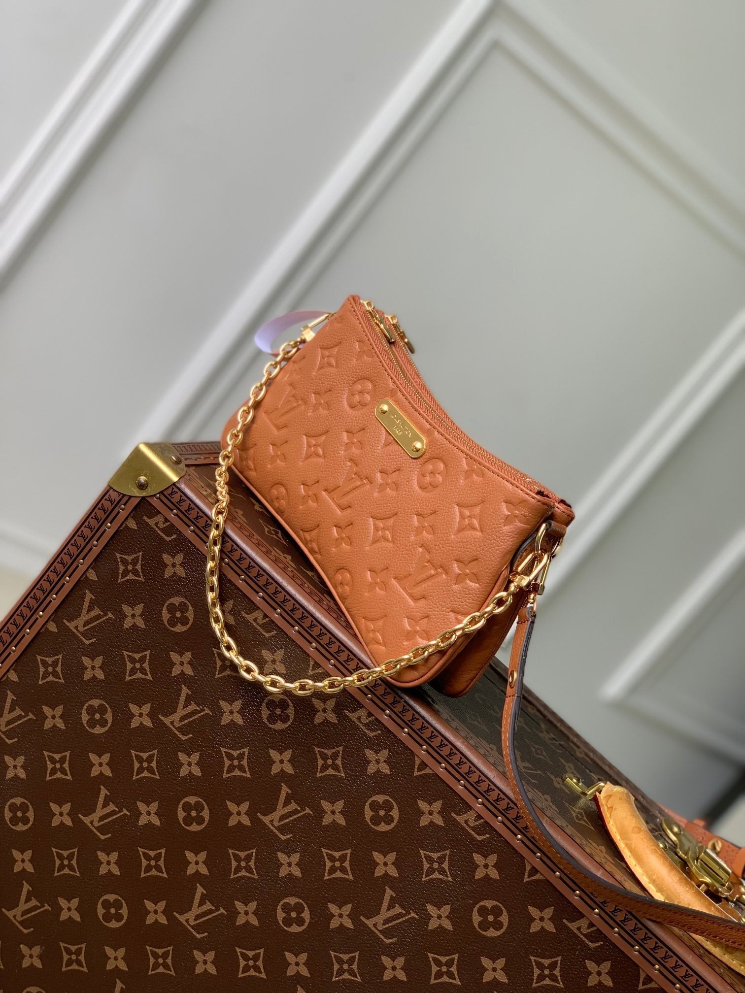 LOUIS VUITTON LIV POCHETTE BAG 24 IN COGNAC BROWN MONOGRAM EMPREINTE LEATHER