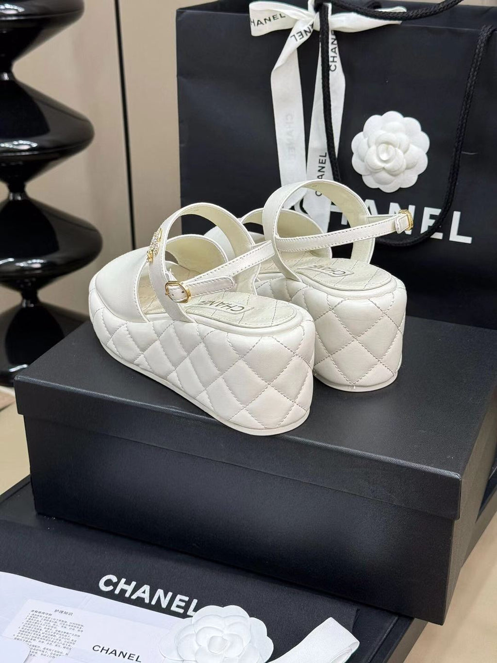 CHANEL HIGH WEDGE SANDALS IN WHITE LAMBSKIN