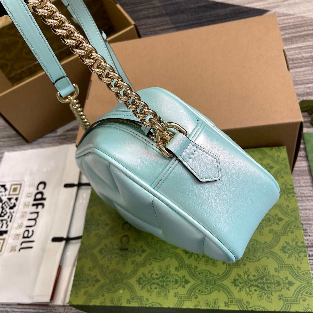GUCCI MARMONT 24 SMALL MATELASSÉ SHOULDER BAG BLUE IRIDESCENT CALFSKIN