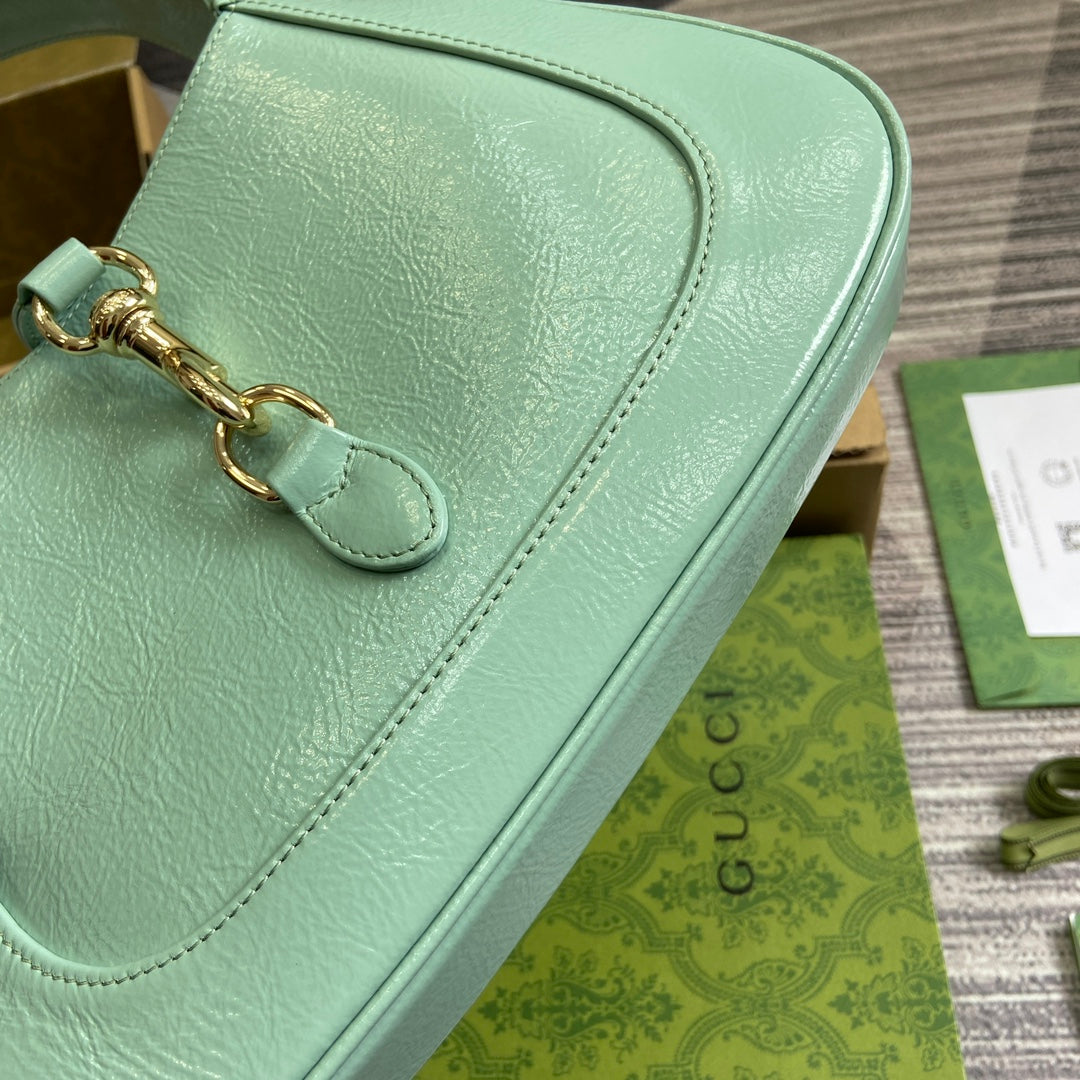 GUCCI JACKIE SMALL SHOULDER BAG 27 IN MINT GREEN CRACKED LACQUER CALFSKIN GOLD HARDWARE