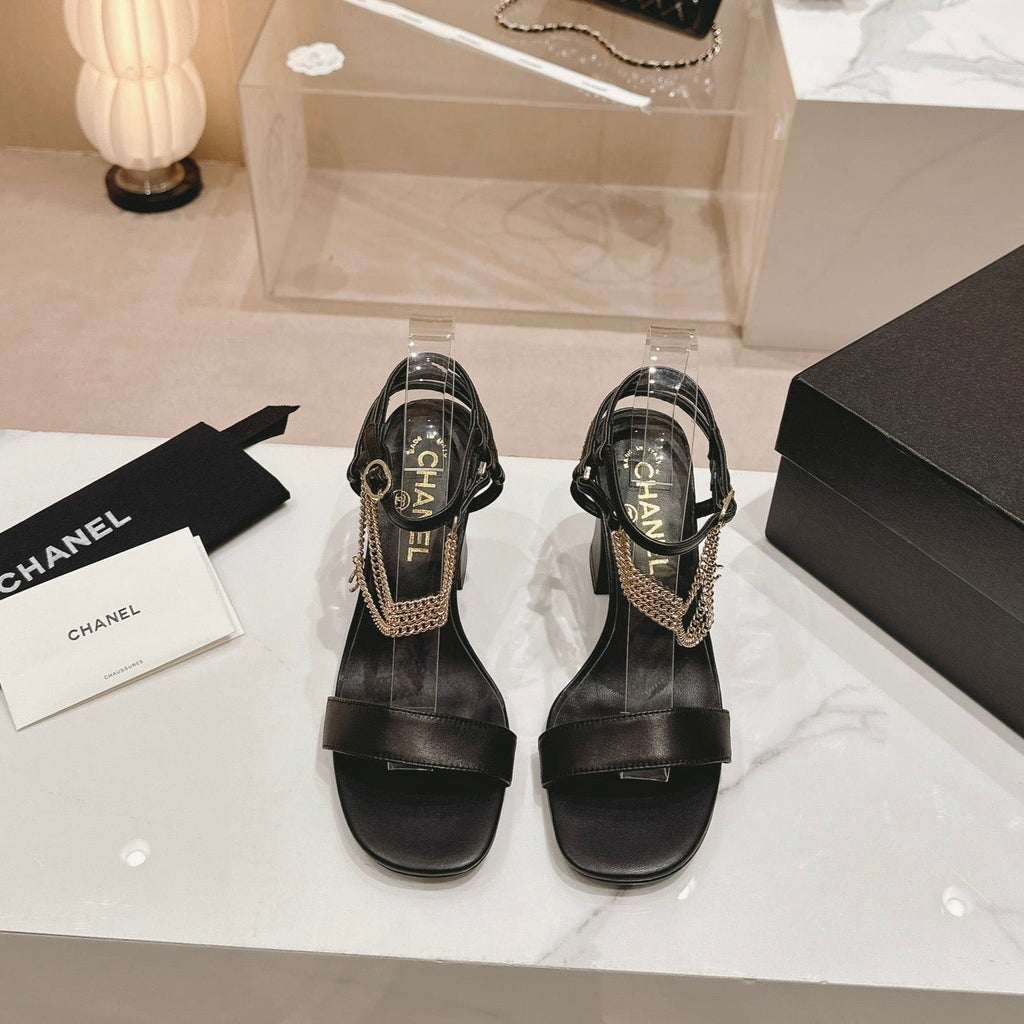 CHANEL Double C Leather High Heel Sandals Black