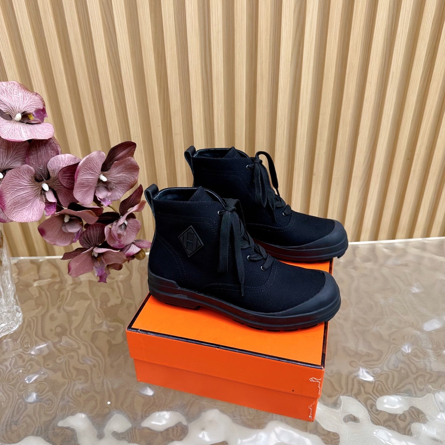 HERMES 25S KOOLER ANKLE BOOTS IN BLACK CANVAS